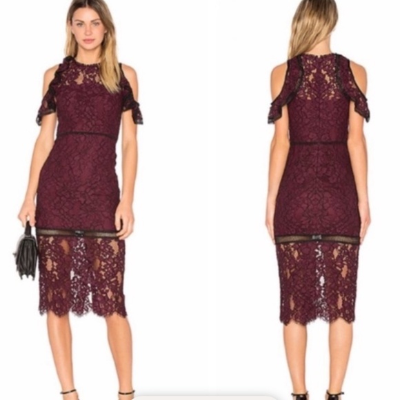 Alexis Dresses & Skirts - Alexis Evie Burgundy Lace Midi Dress Cold Shoulder Size Small